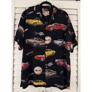 Paradise Found Corvette Hawaiian Graphic Button Shirt Black Rayon Mens L Retro